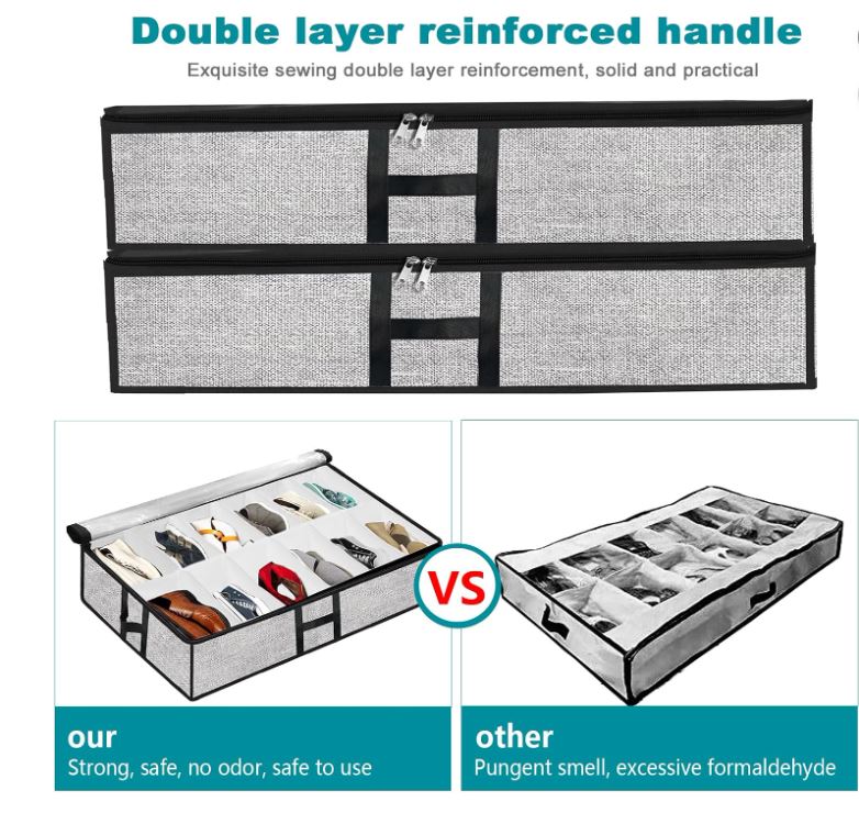 Under Bed Shoe Storage Organizer 2 Pack Foldable Underbed Shoes Containers with Handle Shoe Rack Organizer Total Fits 24 Pairs of Shoes Gray